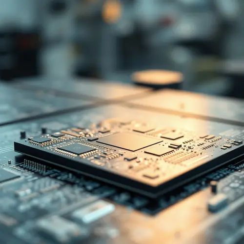 Close-up of a silicon wafer displaying intricate microchip patterns