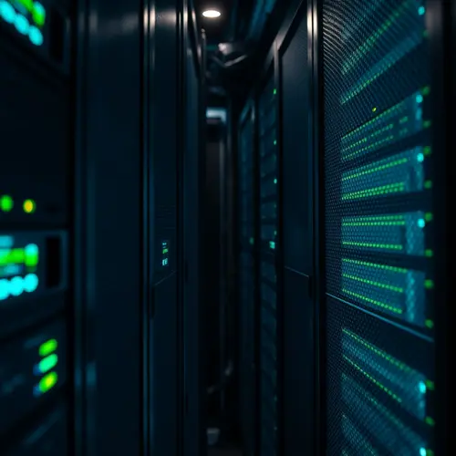 Server racks inside a modern data center with blue indicator lights, representing technological infrastructure.