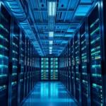 A row of server racks in a modern data center with cool blue lighting.