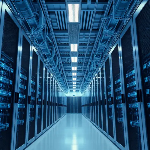Image depicting the interior of a large data center with rows of server racks, representing digital infrastructure.